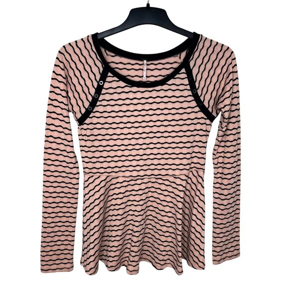 Free People Pink & Black Striped Knit Peplum Sweater Top Medium - Picture 9 of 13